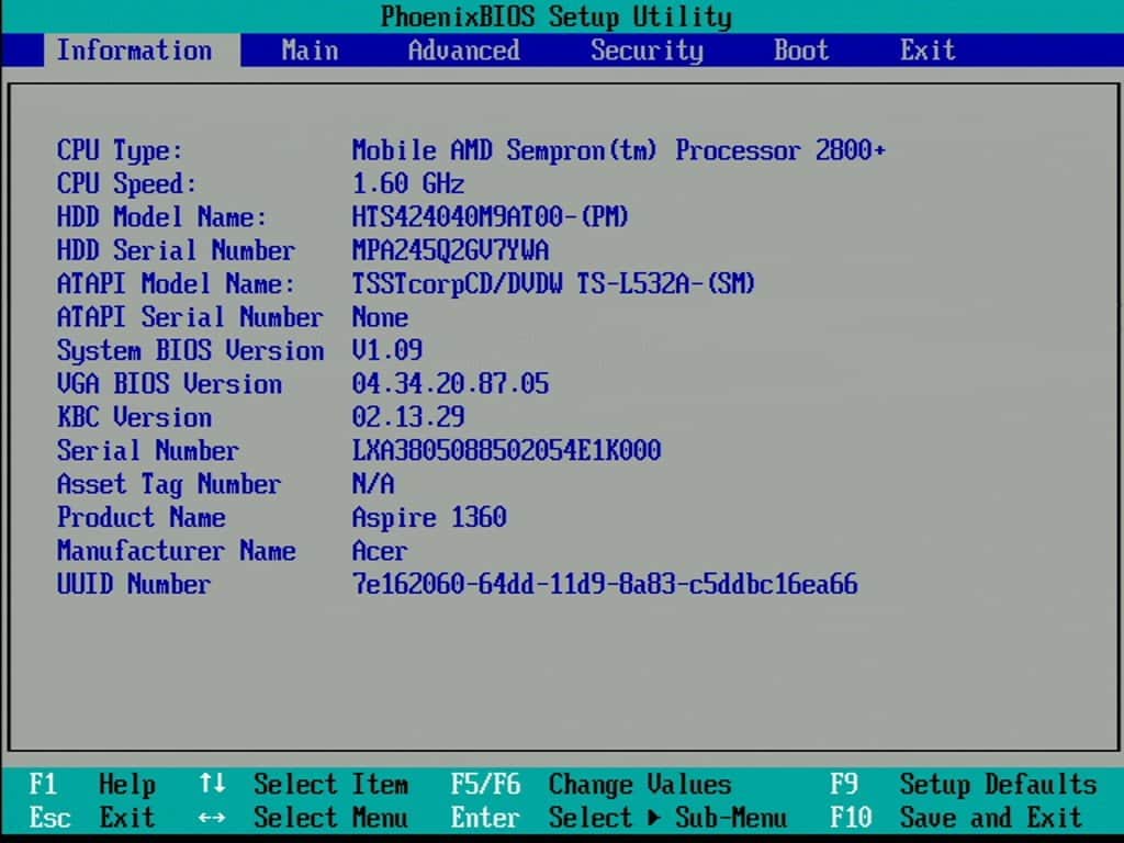 Acer Aspire 1362LM - BIOS